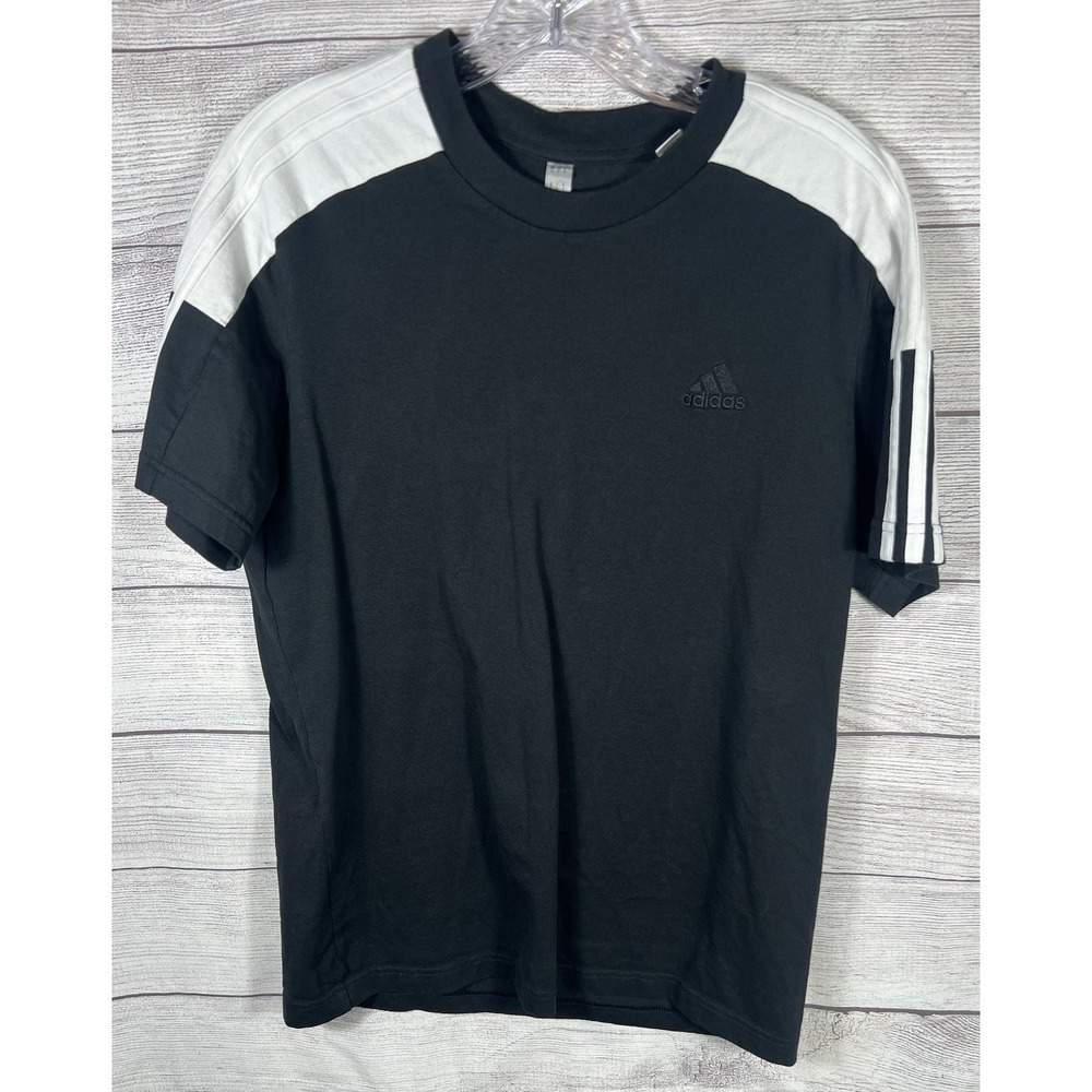 Adidas‎ T Shirt Mens Small Black White Striped Sleeve Logo Athletic Tee